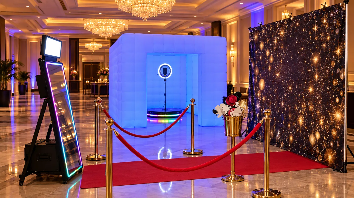 Mirror photo booth and 360 video booth set up in a ballroom with red carpet