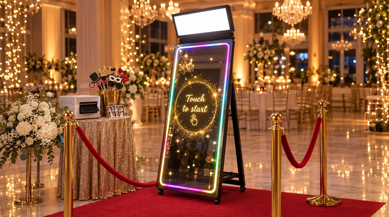 Magic mirror photo booth with touch screen at a wedding reception