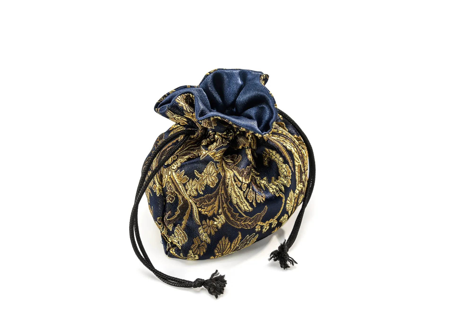 Embroidered drawstring pouch on white, e-commerce product photo