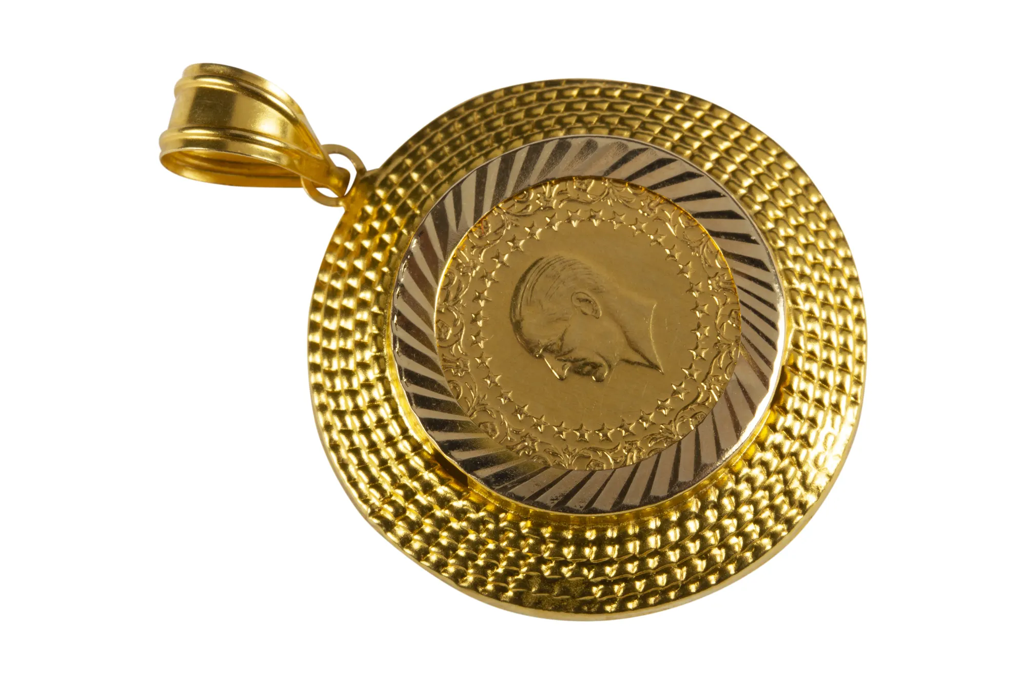 Gold coin pendant on white, jewelry product shot